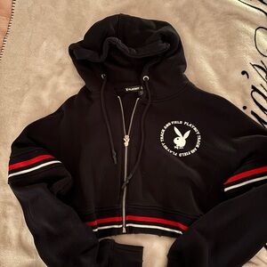 Navy blue Playboy Cropped Hoodie with Red and White Stripes
